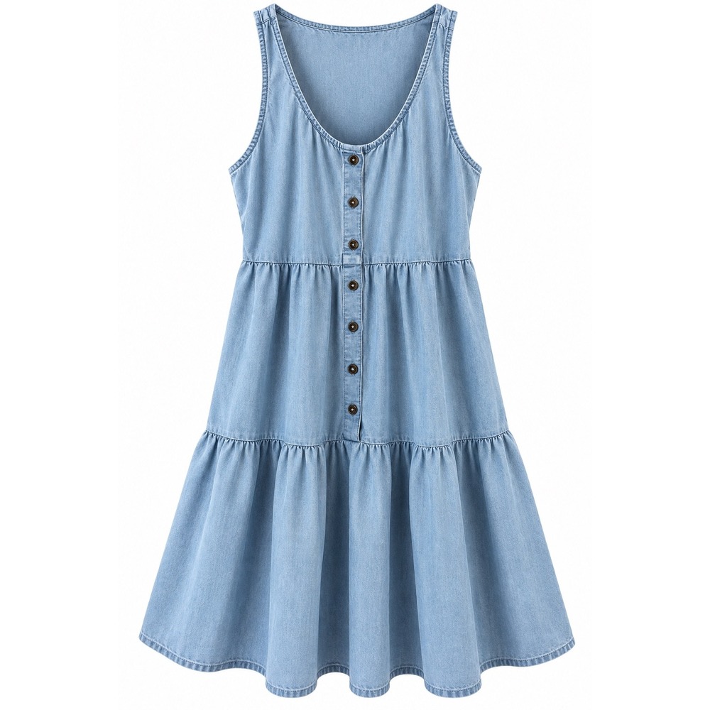 True Craft Light Wash Denim Tiered Babydoll Button Front Mini Dress Medium
